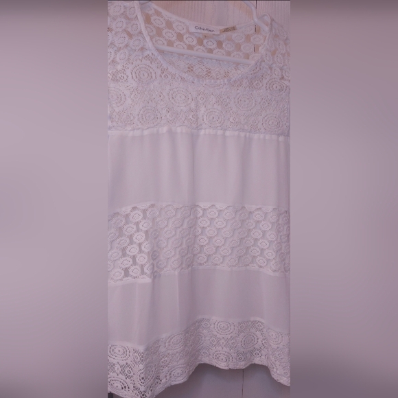 Calvin Klein White Chiffon Lace Crochet Detail Blouse Size Small Sheer Top Boho - Picture 5 of 11